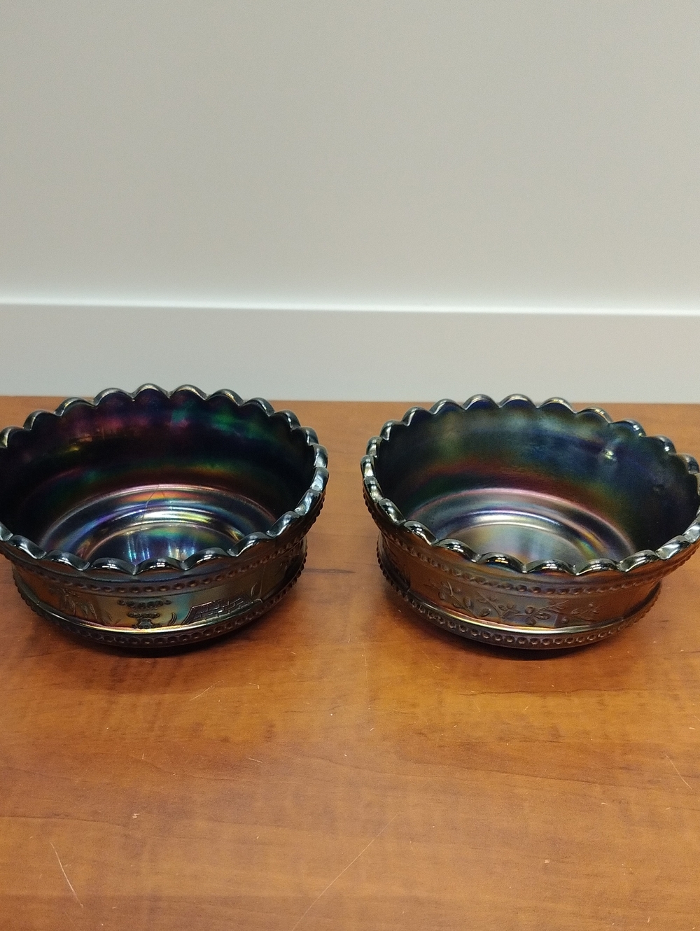 2 Purple Northwood Carnival Glass Grape & Cable Carnival Glass Berry Bowls 5x2"